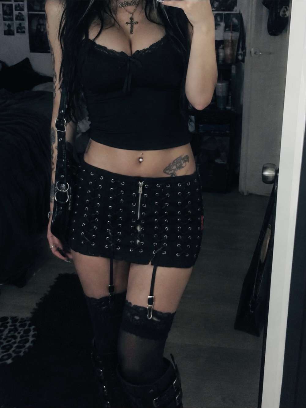 Tripp NYC Black Lace-Up Mini Skirt with Front Zip